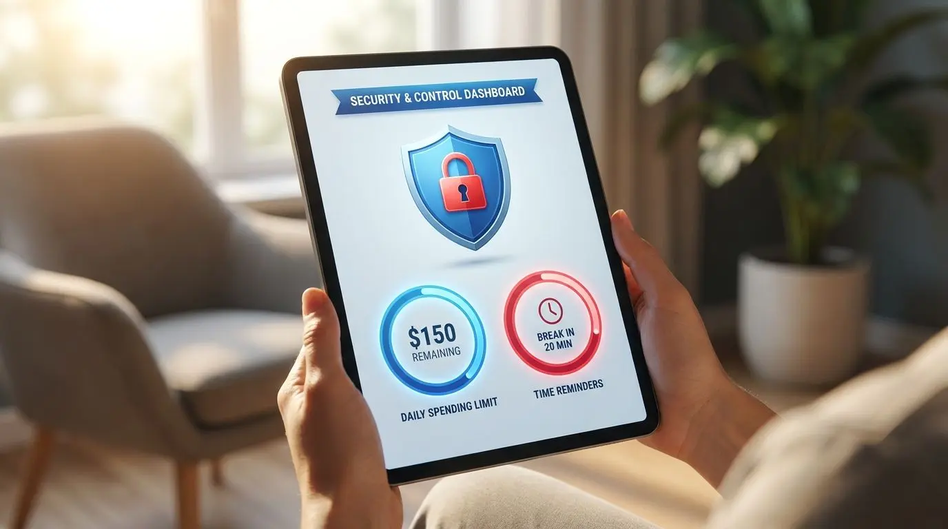 Safe and Responsible Play Tools Online safety and responsible play illustration with control tools and secure interface